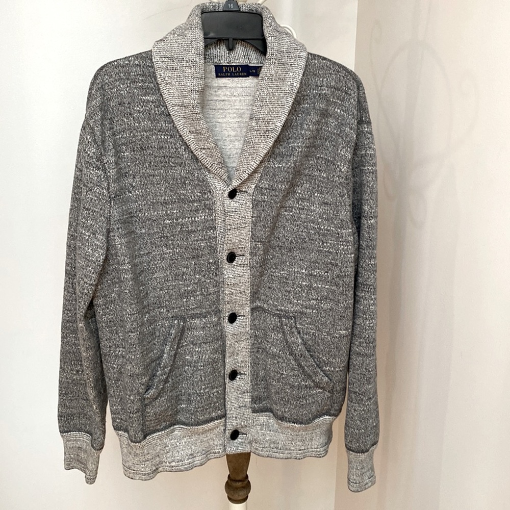 Men’s two tone grey button front sweater. Polo size large
